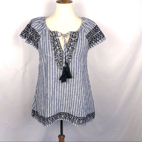 PARKER VALERIE LINEN BLEND STRIPED EMBROIDERED TOP - Picture 2 of 11